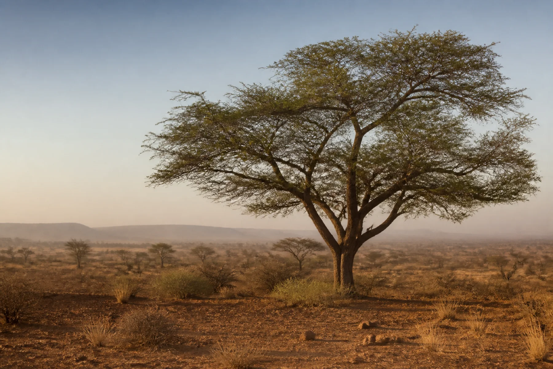 Illustrative editorial landscape of an acacia tree in the dry Sahel