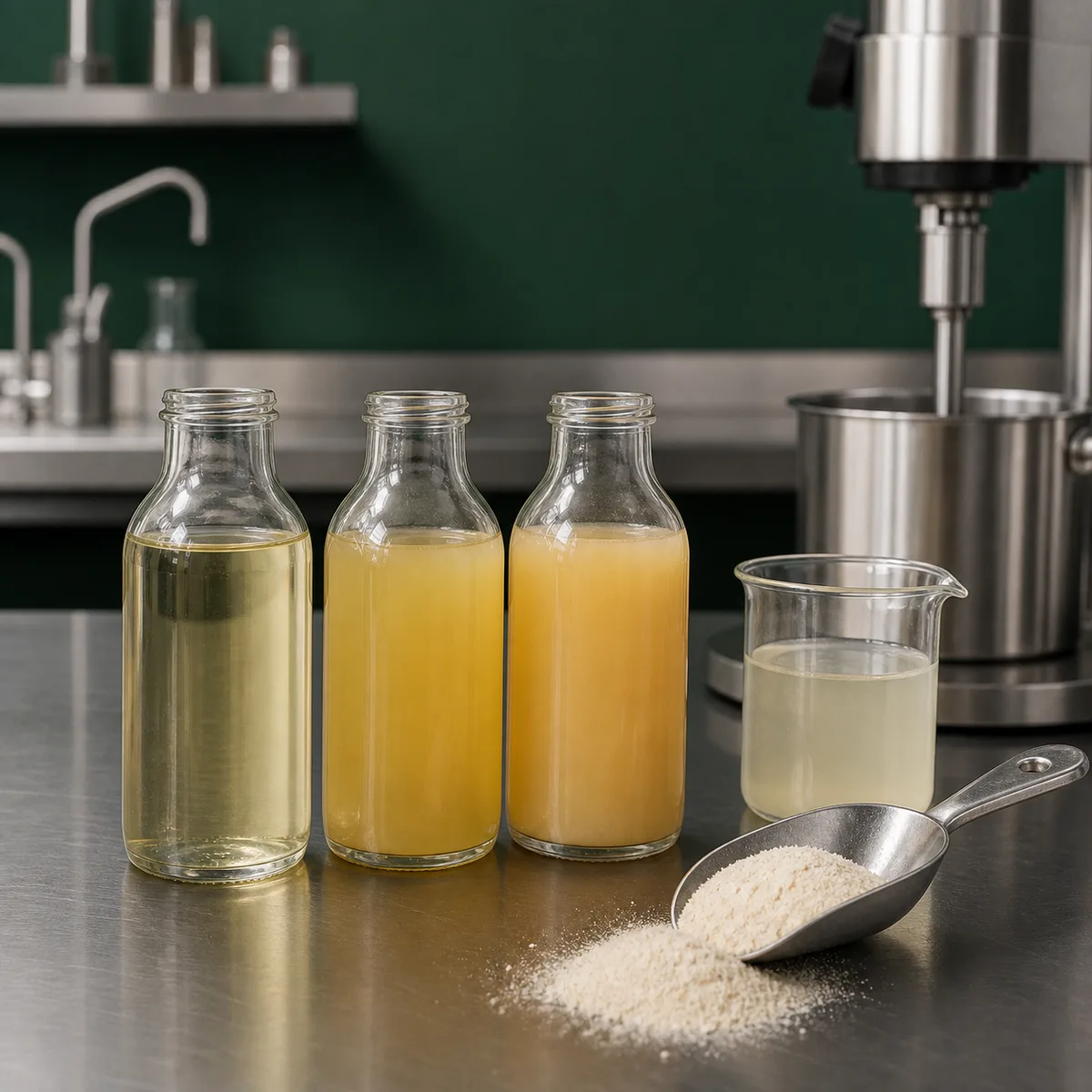 Beverage formulation samples and gum arabic powder in a pilot laboratory