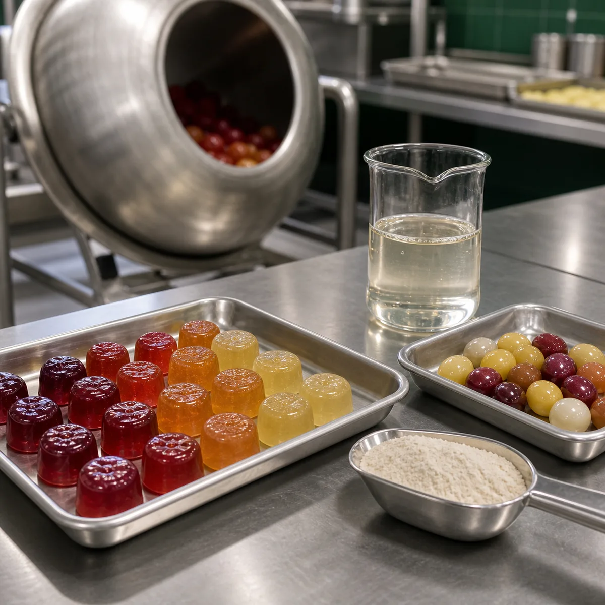 Confectionery coating trials with gum arabic solution and powder