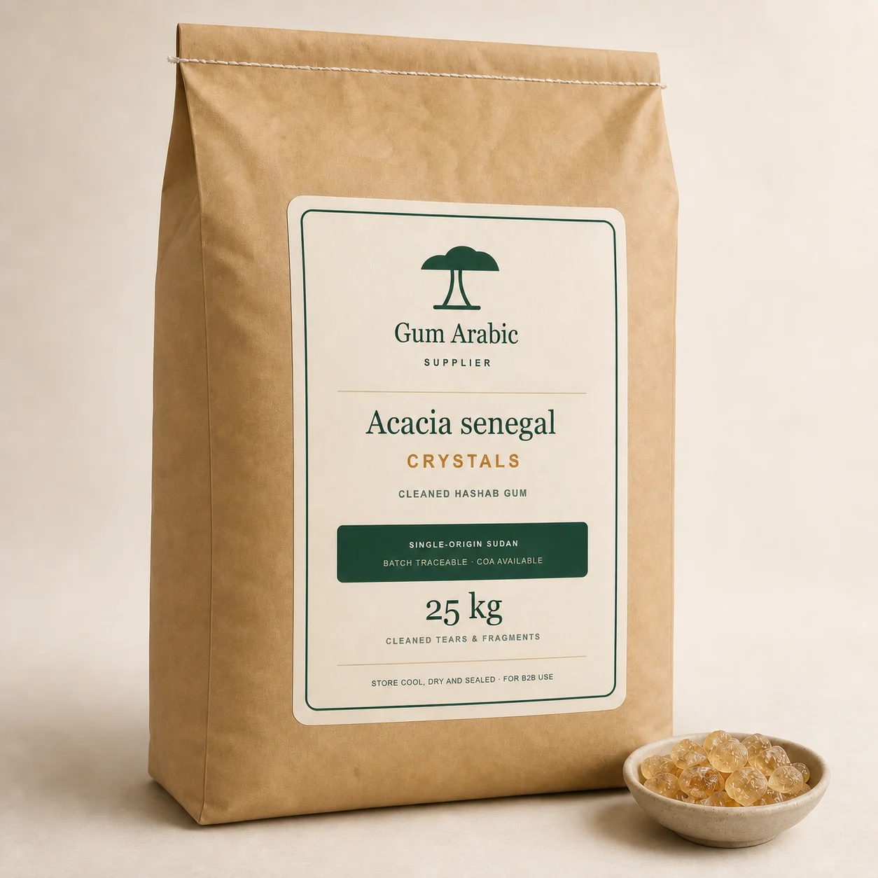 Cleaned Acacia senegal gum arabic crystals in a 25 kilogram bag