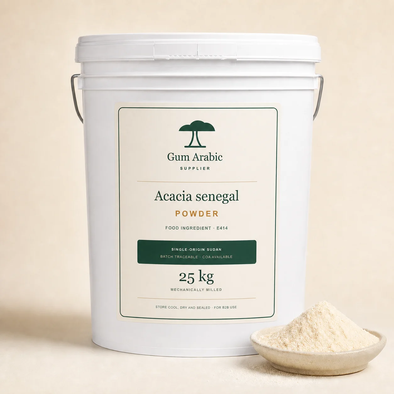 Acacia senegal gum arabic powder in a 25 kilogram pail