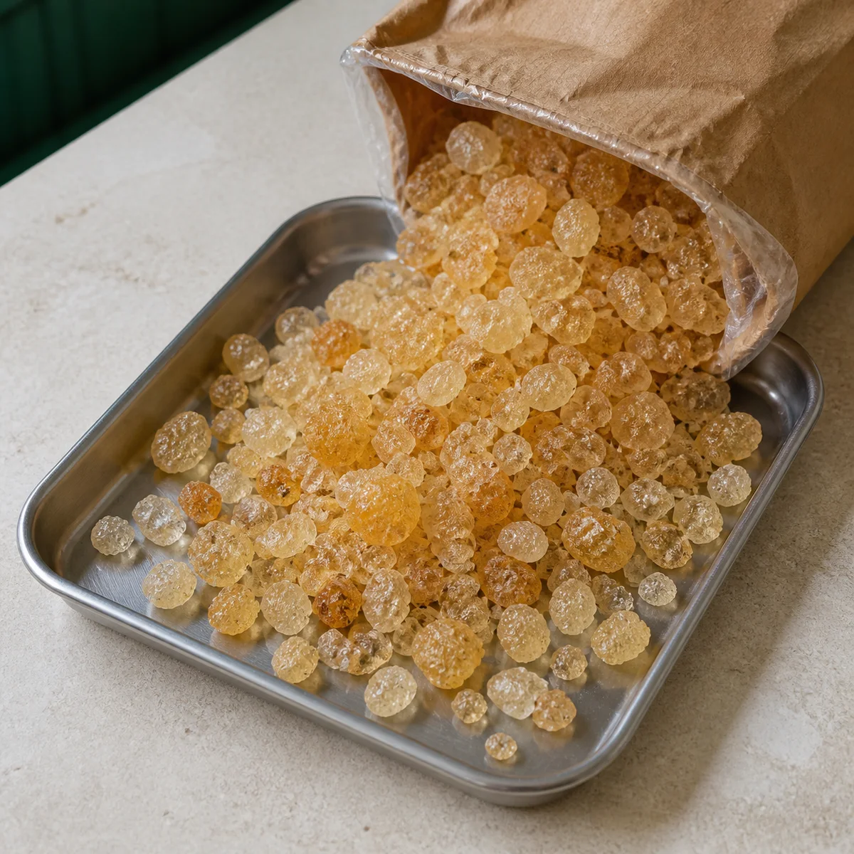 Close-up of cleaned Acacia senegal gum arabic tears and fragments on an inspection tray
