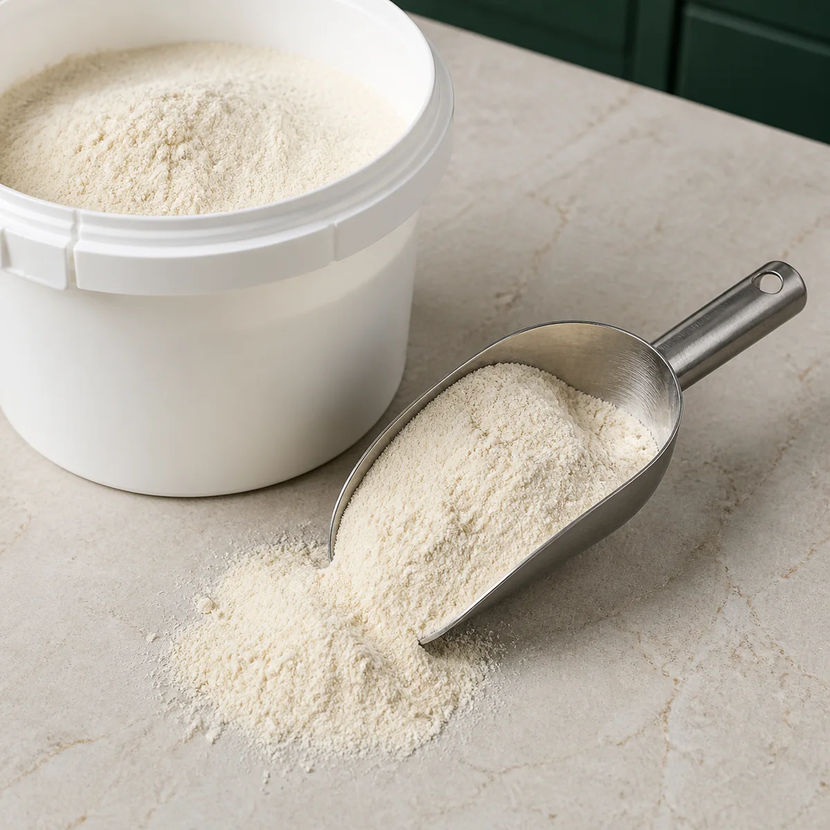 Close-up of mechanically milled Acacia senegal gum arabic powder in an ingredient scoop